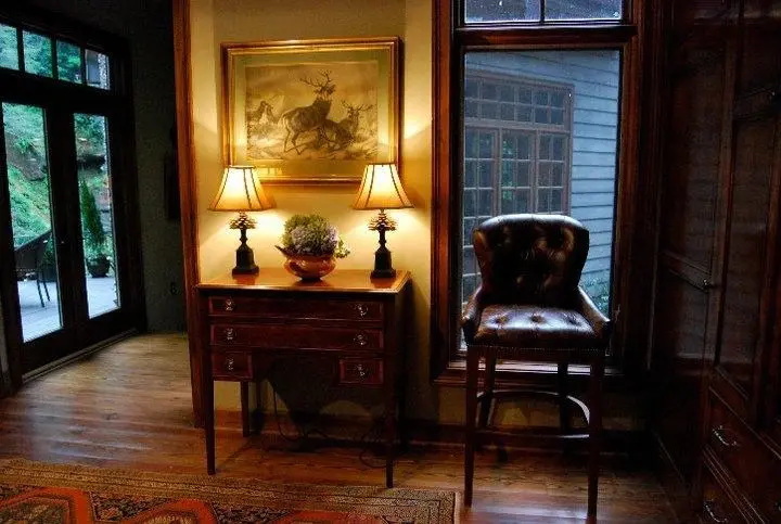 Room With Furniture, Lamp and Large Windows